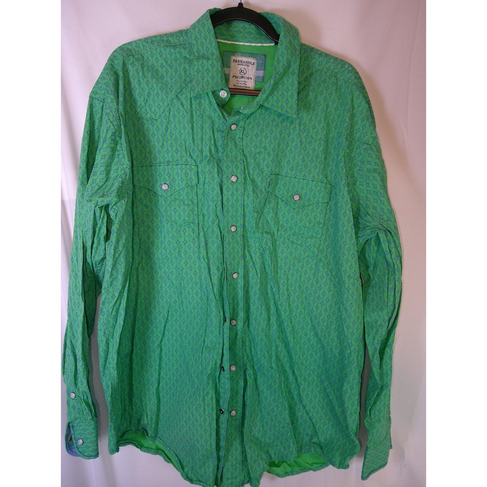 Panhandle Rough Stock Mens XL Western Snap Shirt Green Blue Geometric Diamond XL